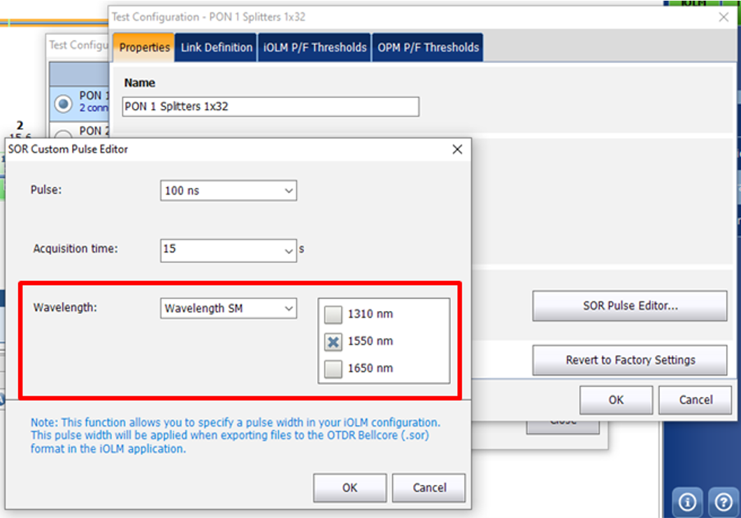 iOLM custom SOR: can now select wavelength for SOR trace generation 